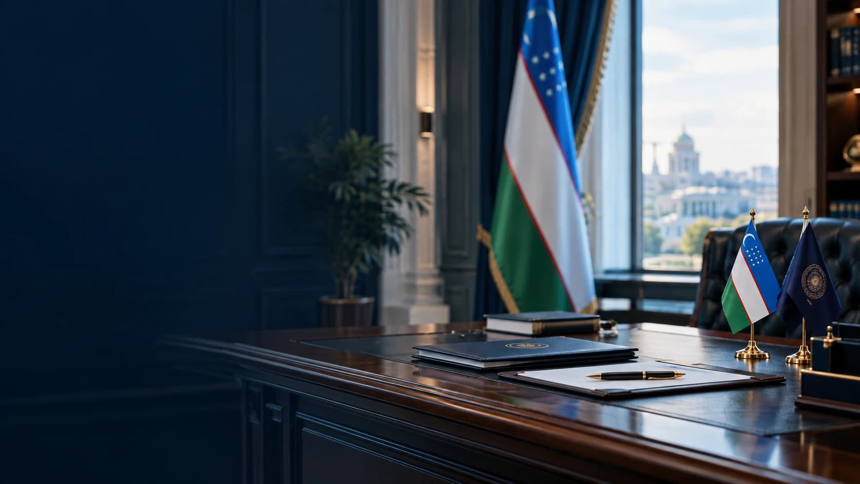 An official government and business setting — documents, flags and a state room